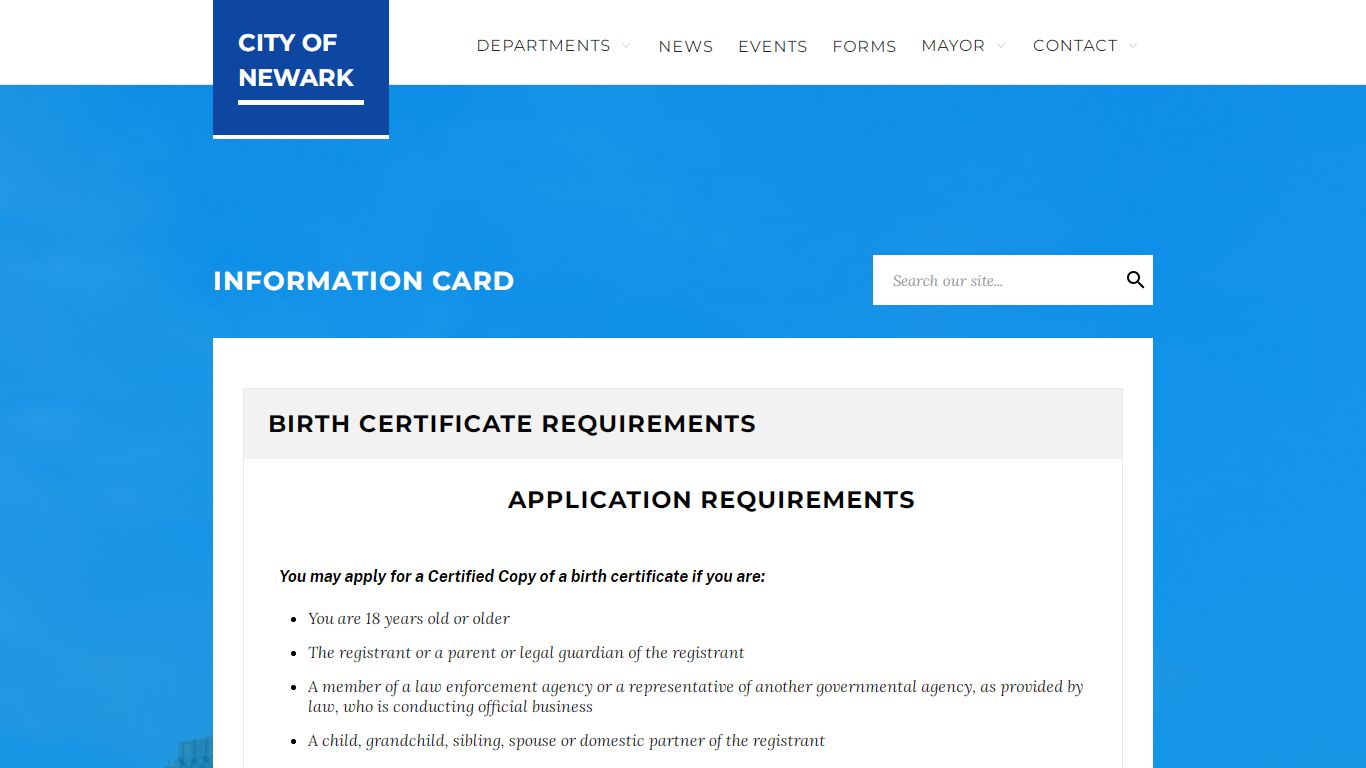 Cards: Birth Certificate Requirements - Newark, New Jersey